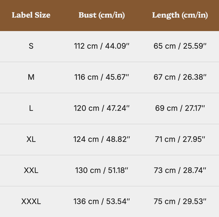 Size chart for clothing with label sizes, bust measurements, and lengths.