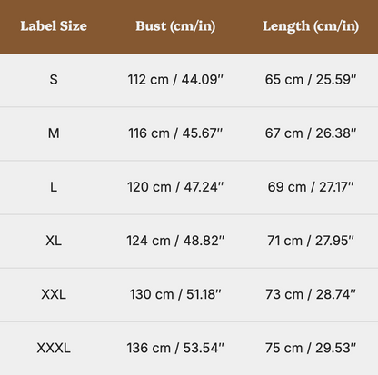 Size chart for clothing with label sizes, bust measurements, and lengths.